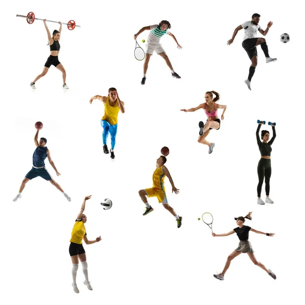 Collage deportivo. Tenis, running, bádminton, fútbol o fútbol, baloncesto, balonmano, voleibol, levantador de pesas y gimnasta. —  Fotos de Stock