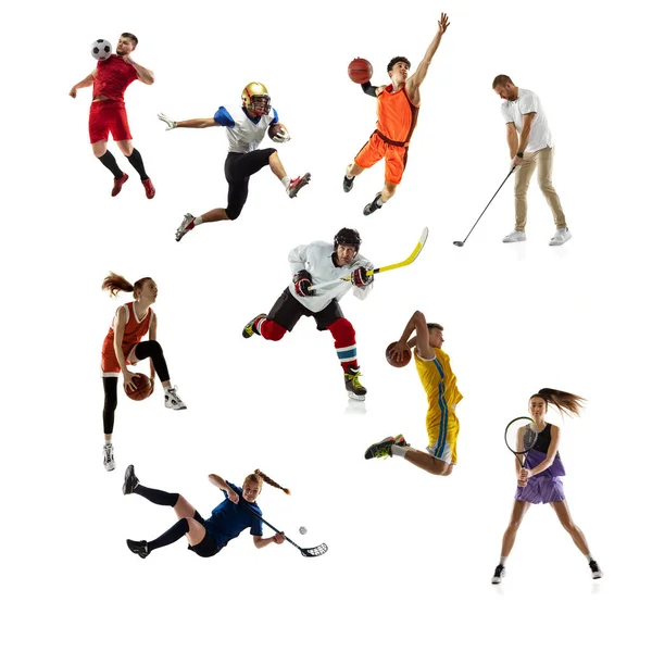 Collage deportivo. Tenis, running, bádminton, fútbol y fútbol americano, baloncesto, balonmano, voleibol, golf, jugadores de hockey. —  Fotos de Stock