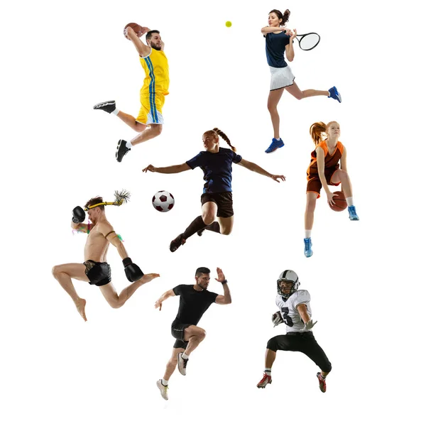 Motion. Sport collage. Tennis, running, badminton, soccer and american football, basketball, handball, volleyball, boxing, MMA fighter. — Photo
