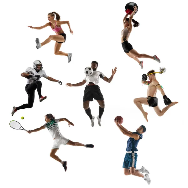 En fotomontasje. Tennis, løping, badminton, fotball og amerikansk fotball, basketball, volleyball, boksing, MMA-utøver. – stockfoto