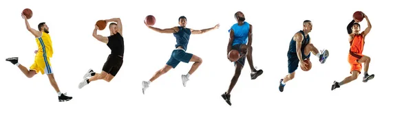 Conjunto de retratos dinámicos de jugadores de baloncesto profesionales saltando con pelota aislada sobre fondo blanco del estudio — Foto de Stock