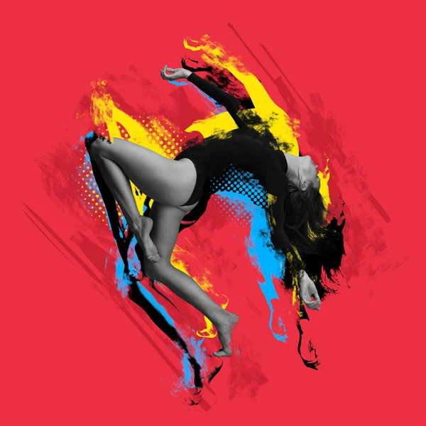 Kreative Kunstwerke mit stilvollen Contest-Tänzer, schöne Frau tanzen isoliert auf rotem Hintergrund mit bunten Glitch-Effekt. Collage zeitgenössischer Kunst. — Stockfoto