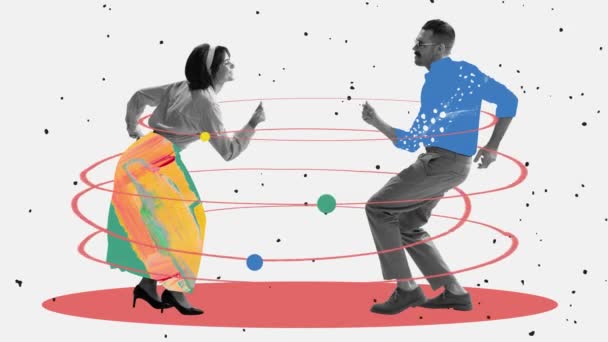 현대 미술 콜라주. 70 년 대와 80 년 대의 댄서 커플은 그림 과 함께 빛을 배경으로 분리 된 옷을 입었다. 정지 동작 과 2 차원 애니메이션 — 비디오