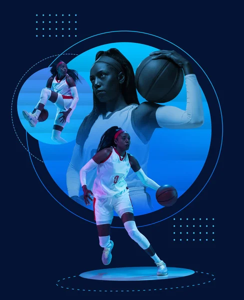 Collage with african-american female basketball player posing with ball over blue background. Concept of healthy lifestyle, professional sport, hobby. — Stockfoto