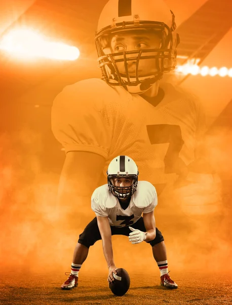 Creative portrait of young man, american football player at stadium in motion over orange background with reflection effect. Sport, challenge, goals, activity concept. — Stockfoto