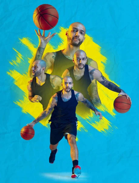 Kreatywny kolaż z młodym koszykarzem płci męskiej z piłką na niebiesko-żółtym tle. Pojęcie zdrowego stylu życia, sportu zawodowego, hobby. — Zdjęcie stockowe