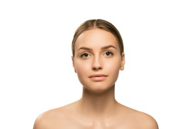Portrait of young female fashion model without makeup isolated on white studio background. Spa, surgery, face lifting and skin care concept