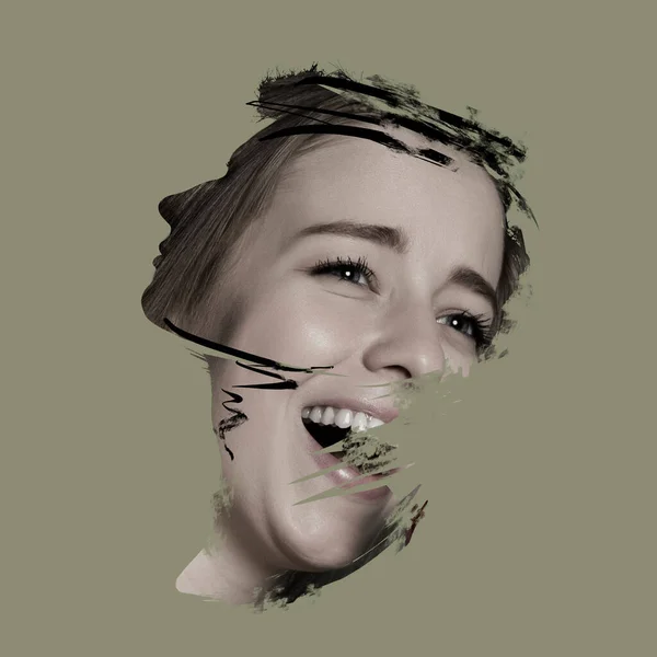 Creatieve kunst collage. Jonge vrouwen gezicht en mannelijk gezicht silhouet over grijze achtergrond. Poster graphics. Ideeën, inspiratie, mode en emotie concept. — Stockfoto