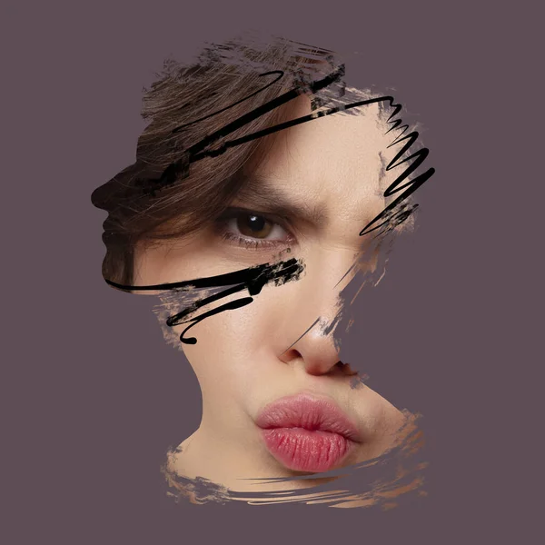 Creative art collage. Young womans face over gray background. Poster graphics. Ideas, inspiration, fashion and emotions concept. — Foto Stock