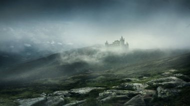 Scary and mystic theme, ancient castles, rocks and mountains in fog. Conceptual background for your design, poster, ad.