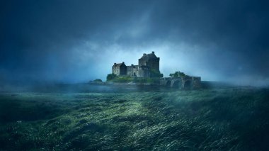 Scary and mystic theme, ancient castles, rocks and mountains in fog. Conceptual background for your design, poster, ad.