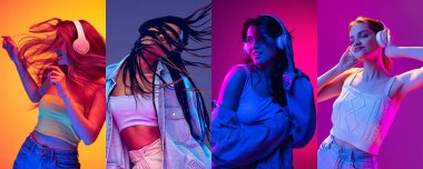 Collage made of four models, young emotional girls dancing on multicolored background in neon. Concept of human emotions, facial expression, sales.