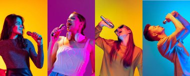 Çok renkli arka planda neon kullanan genç duygusal insanların portrelerinin kolajı. İnsan duyguları kavramı, yüz ifadesi, satış.