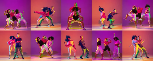 Stylish men and women dancing hip-hop in bright clothes on colorful background at dance hall in neon light. Youth culture, hip-hop, movement, style. Collage — ストック写真