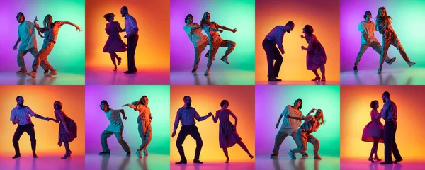 Young men and women dancing hip-hop and lindy hop in bright clothes on colorful background at dance hall in neon light. Youth culture, vintage style. Collage — Fotografia de Stock