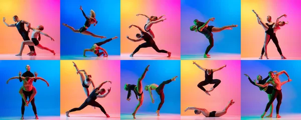 Два танцора, стильная спортивная пара, мужские и женские модели танцуют современный танец на красочном градиентном фоне в неоновом свете. Коллаж — стоковое фото
