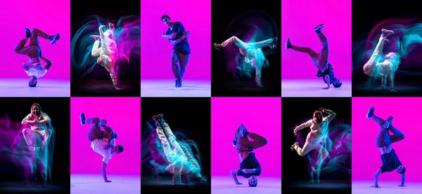 Молодые люди, хип-хоп и брейк-данс танцоры танцуют на темном фоне со смешанным неоновым светом. Молодежная культура, стиль и мода, действие. Коллаж. — стоковое фото