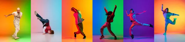 男性との明るいコラージュは、ネオンで多色の背景に隔離されたブレイクダンスやヒップホップダンサーを踊ります。若者文化、ヒップホップ、スタイルとファッション、アクション. — ストック写真