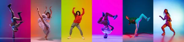 Φωτεινό κολάζ με άνδρες που χορεύουν μπρέικ ντανς και χορευτές χιπ-χοπ απομονωμένοι σε πολύχρωμο φόντο σε νέον. Νεολαία κουλτούρα, hip-hop, στυλ και μόδα, δράση. — Φωτογραφία Αρχείου