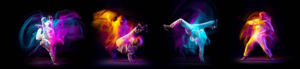 Collage of images of young man, hip-hop and breakdance dancer dancing on dark background with mixed neon light. Youth culture, style and fashion, action. — стоковое фото