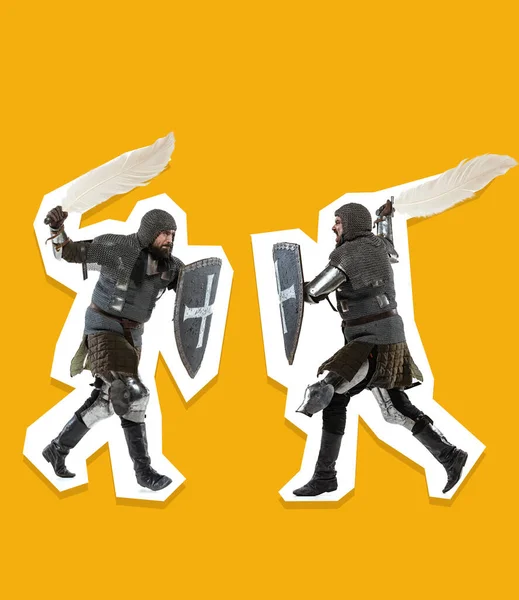 Contemporary art collage with two medieval knights fight over yellow background. Vintage, surrealism, art, funny meme concept — Stock Fotó