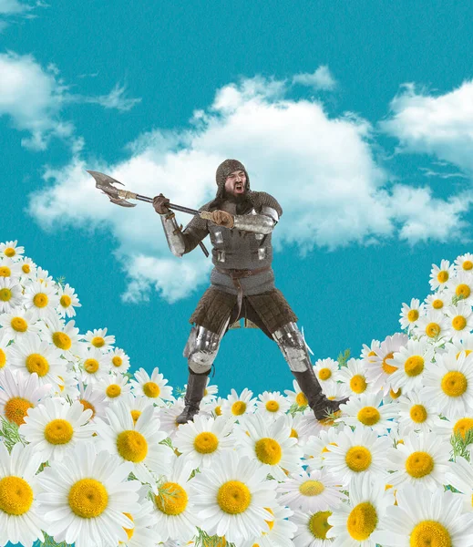 Contemporary art collage with medieval knight, warrior in action over floral background. Vintage, surrealism, art concept — Stock Fotó