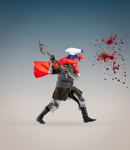 Contemporary art collage with medieval knight, warrior with spray instead head in motion over grey background. Vintage, surrealism, art concept — стоковое фото
