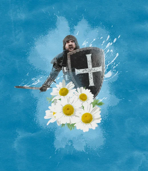 Poster graphics. Idea, inspiration, aspiration and creativity. Medieval knight with flowers on light background. Concept of comparison of eras, womens day — Stock Fotó