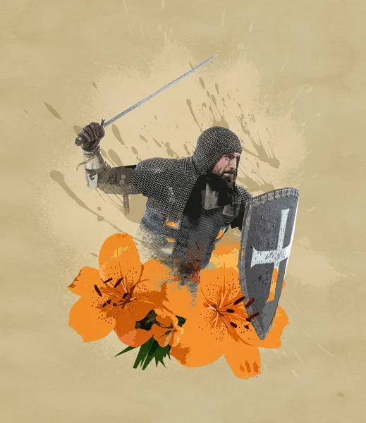 Poster graphics. Idea, inspiration, aspiration and creativity. Medieval knight with flowers on light background. Concept of comparison of eras, womens day — Fotografia de Stock