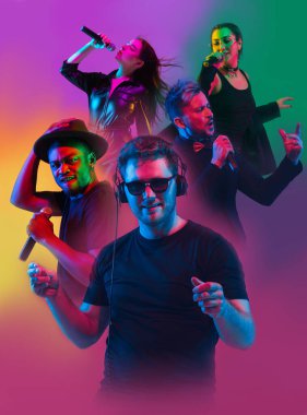 Genç duygusal insanların birleşik görüntüsü, neon renkli arka plandaki kızlar ve erkekler. Duygu kavramı, gençlik