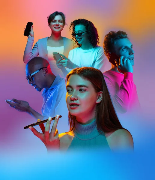Composite image of young emotional people, boys and girls using phones on multicolored background in neon. Concept of emotions, youth — Fotografia de Stock