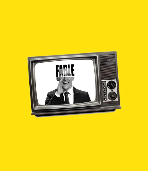 Contemporary art collage. Excited man sticking out from retro tv set isolated on yellow background. Concept of art, surrealism, news, sales, info, discount