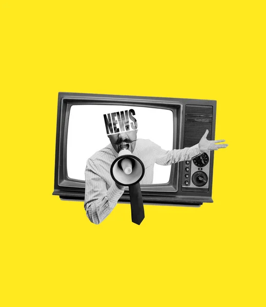Contemporary art collage. Excited man sticking out from retro tv set isolated on yellow background. Concept of art, surrealism, news, sales, info, discount — Stock fotografie