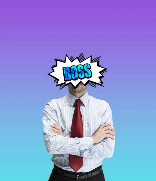 Contemporary art collage of business man with word boss instead head isolated over purple background. Art, creation, ideas, aspiration concept — Stok fotoğraf