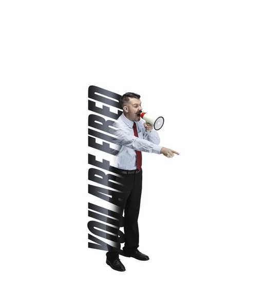 Contemporary art collage of business man shouting at meagphone isolated over white background. Art, creation, ideas, aspiration concept — Stock Fotó