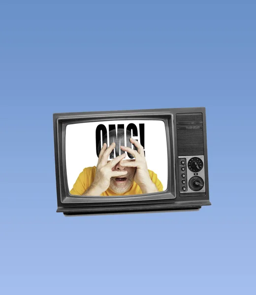 Shock, stress. Contemporary art collage. Excited man sticking out from retro tv set isolated on blue background. Concept of art, surrealism, news, sales, info, discount — Stock Photo, Image