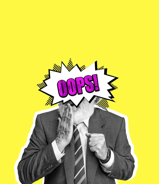 Collage d'arte contemporanea di uomo anziano in giacca e cravatta con parola invece testa isolata su sfondo giallo. Arte, creazione, idee, concetto di aspirazione — Foto Stock