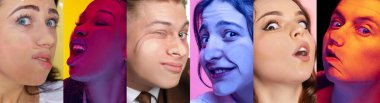 Set of close-up faces of multiethnic young people crushed on glass isolated on colored background. Concept of human emotions, diversity.