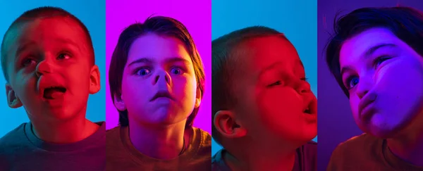 Conceptual collage. Close-up faces of cute kid, little boys crushed on glass isolated on colored background. Concept of emotions, education, childhood — стоковое фото