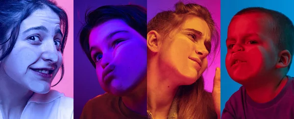 Close-up faces of multiethnic young girls and little boys crushed on glass isolated on colored background. Concept of human emotions, education, ages — 스톡 사진
