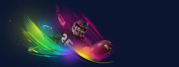 아메리칸 풋볼 선수가 등장하는 화려 한 포스터는 어두운 배경에서 액체 네온 요소와 함께 고립된 공을 잡는다. 예술, 창의력, 운동 — 스톡 사진