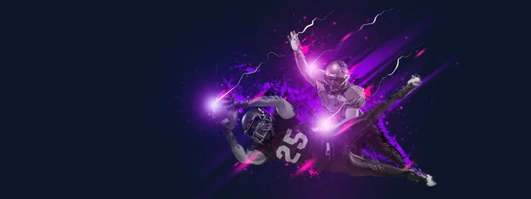 Opera d'arte creativa. Due giocatori di football americano in movimento e in azione isolati su sfondo scuro con elementi al neon poligonali e fluidi. Arte, creazione, sport — Foto Stock
