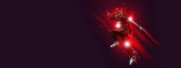 Ljus affisch med amerikansk fotbollsspelare i rörelse och action med bollen isolerad på mörk bakgrund med polygonala och flytande neonelement. Konst, kreativitet, idrott — Stockfoto