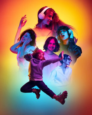 Heyecanlı erkek ve kadın modellerin sarı arkaplanlı, neon ışıklı, filtreli posterleri. Duyguların kavramı, gençlik, moda, reklam