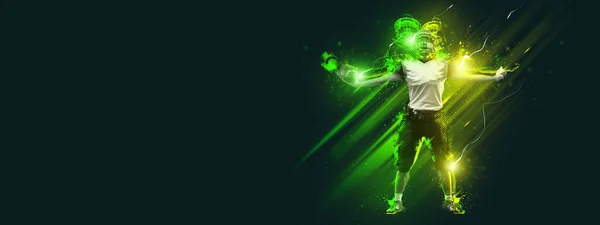Winner. Flyer with american football player in motion and action with ball isolated on dark background with polygonal and fluid neon elements. Art, creativity, sport — Stockfoto