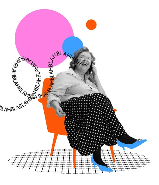 Contemporary art collage. Happy senior woman sitting on armchair and talking on phone isolated over abstract background. —  Fotos de Stock