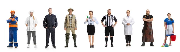 Group of gender mixed people with different professions, jobs standing isolated on white background. Models in image of builder, cook, fisherman, doctor, policeman — 图库照片
