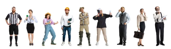 Group of gender mixed people with different professions, jobs standing isolated on white background. — Stock Photo, Image