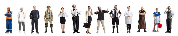 Group of gender mixed people with different professions, jobs standing isolated on white background. — 图库照片