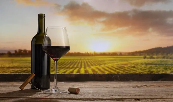 Charm. Still life with red wine glass and bottle on wooden table over background of panoramic view of lush vineyards at sunset. Tasting, festivals concept — Foto de Stock